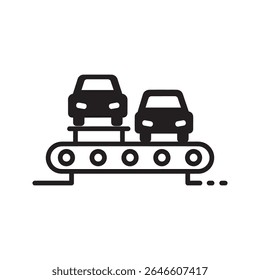 Automotive industry manufacturing icon with cars on a conveyor belt representing a factory assembly line for vehicle production process vector solid glyph icon