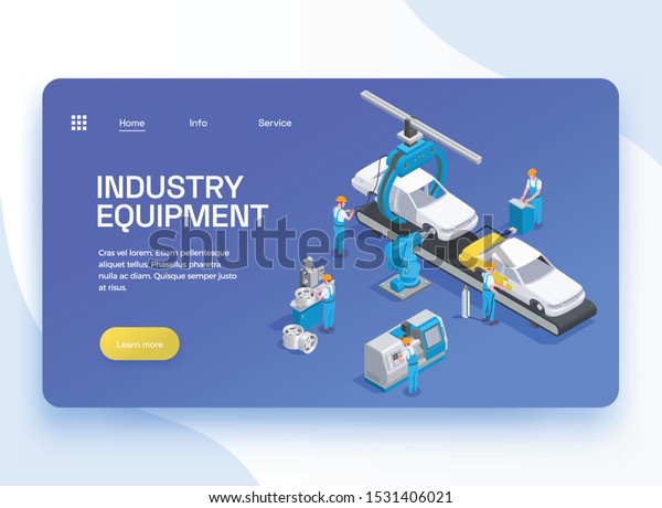 Automotive industry production line equipment isometric\
web landing page banner with robotic arms blue background vector\
illustration 