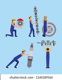 automotive industry workers with differents spare parts car