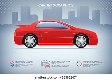 Automotive infographics design with generic red sports car on urban background.