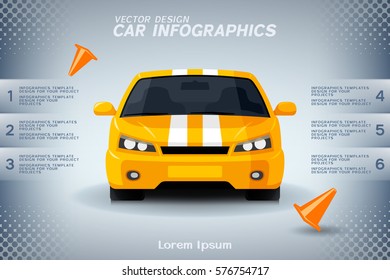 Automotive Infographics Design With Generic Yellow Sports Car And Orange Road Cones.