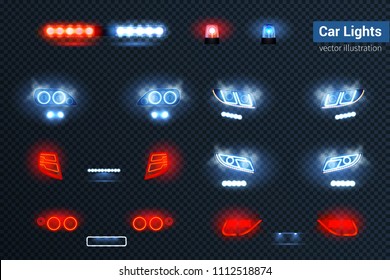 Automotive led lights realistic set with glowing headlights front rear car views  dark transparent background vector illustration  