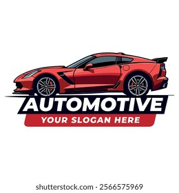 Automotive logo design with a sleek red car, ideal for automotive businesses, vehicle branding, and car-related merchandise, modern and professional style