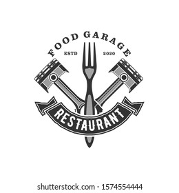 Automotive logo design, vintage style logo for car motor bike garage workshop with gear and spark plugs element, piston cog wheel engine machine