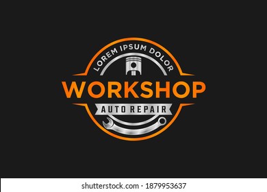 Automotive logo design, vintage style logo for garage workshop with piston gear element