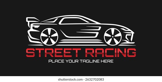 Automotive logo or emblem. Includes stylized silhouette of modern sports car. Perfect for use in car repair shops, auto services, racing clubs. Editable and scalable vector graphics.