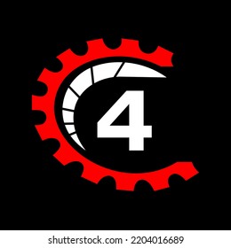 Automotive Logo On Letter 4 Concept. Car Repair Logotype and Mechanic Symbol Vector Template