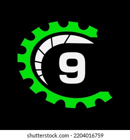 Automotive Logo On Letter 9 Concept. Car Repair Logotype and Mechanic Symbol Vector Template