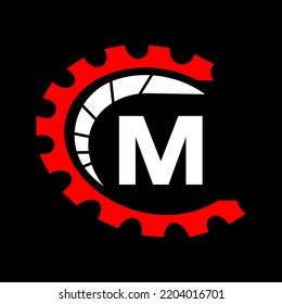 Logotipo De Automoción En El Concepto De Letra M. Logotipo de reparación de coches y plantilla de vectores de símbolos mecánicos
