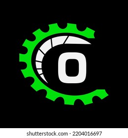 Automobil-Logo auf Buchstabe O. Fahrzeugreparaturlogotype und mechanisches Symbol Vektor-Vorlage