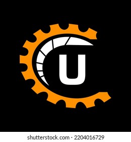 Automotive Logo On Letter U Concept. Car Repair Logotype and Mechanic Symbol Vector Template