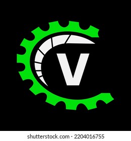 Automotive Logo On Letter V Concept. Car Repair Logotype and Mechanic Symbol Vector Template