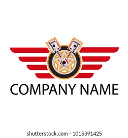 automotive logo with piston, wheel, and wings symbol