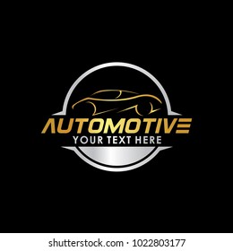 Automotive Logo Template with car illustration in gold and silver color on black background