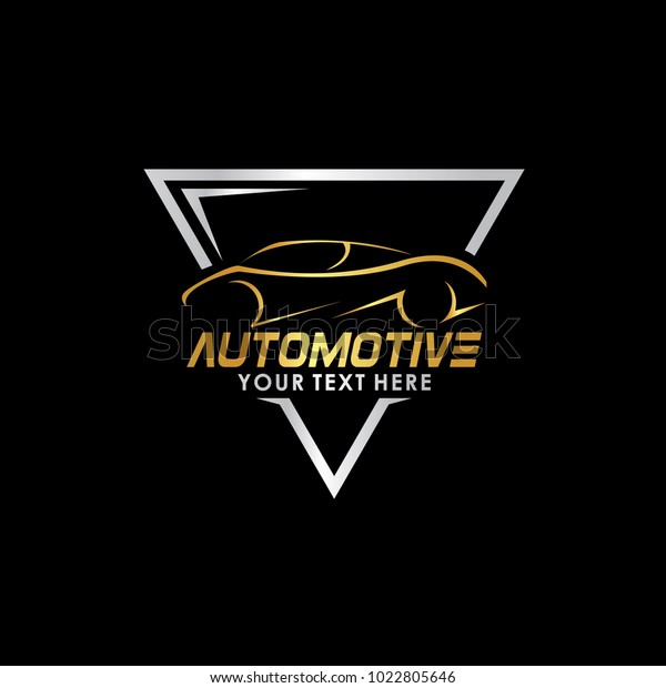 Automotive Logo Template with car\
illustration in gold and silver color on black\
background
