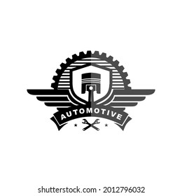 Automotive logo vector with shield and gear, piston and wings mechanic service logo