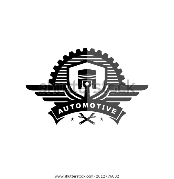 Automotive logo vector with shield and gear,\
piston and wings mechanic\
service