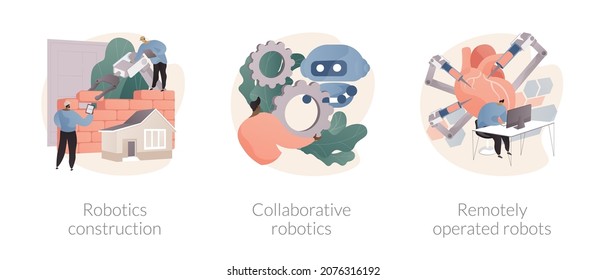 Automotive machine work abstract concept vector illustration set. Robotics construction, collaborative artificial intelligence, remotely operated robots, cloud robotics, automation abstract metaphor.