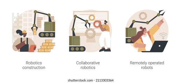 Automotive machine work abstract concept vector illustration set. Robotics construction, collaborative artificial intelligence, remotely operated robots, cloud robotics, automation abstract metaphor.