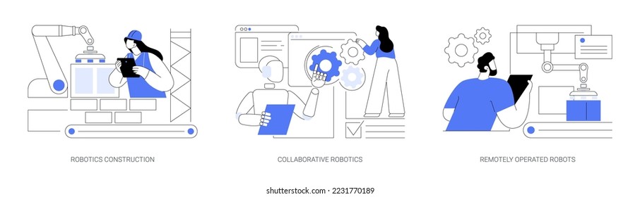 Automotive machine work abstract concept vector illustration set. Robotics construction, collaborative artificial intelligence, remotely operated robots, cloud robotics, automation abstract metaphor.