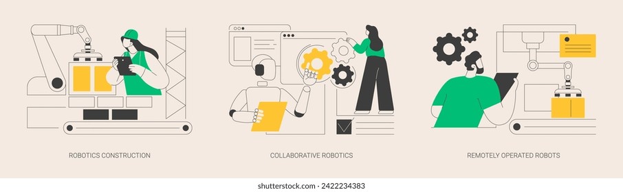 Automotive machine work abstract concept vector illustration set. Robotics construction, collaborative artificial intelligence, remotely operated robots, cloud robotics, automation abstract metaphor.