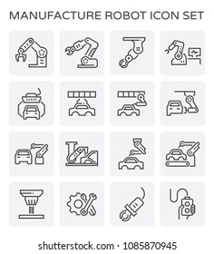 Automotive manufacturing activity and part such as robot hand, arm, computer control, production line, auger, spray painting vector icon set design, line and editable stroke.