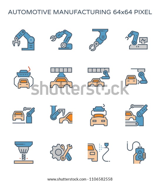 Automotive manufacturing activity and part such\
as robot hand, arm, computer control, production line, auger, spray\
painting vector icon set design, 64x64 pixel perfect and line\
editable stroke.
