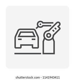 Automotive Manufacturing, Assembly, Production Industry Vector Icon. With Car, Auto Part, Mechanical Robotic Arm, Industrial Robot System. Machine Control By Automation Technology To Welding. 64x64 Px