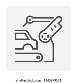 Automotive Manufacturing, Assembly, Production Industry Vector Icon. With Car, Auto Part, Mechanical Robotic Arm, Industrial Robot System. Machine Control By Automation Technology To Welding. 64x64 Px