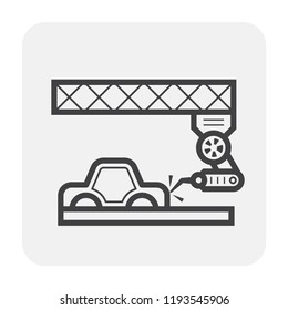 Automotive manufacturing, assembly or production industry vector icon. With car, auto part, mechanical robotic arm, industrial robot system. Machine control by automation technology to spot welding.