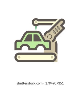 Automotive manufacturing, assembly or production industry vector icon. With car, auto part, mechanical robotic arm, industrial robot system. Machine control by automation technology to spot welding.