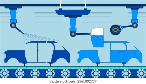 Automotive manufacturing line flat illustration. Revolutionized carmaker. Production line at car factory 2D interior cartoon background. Robotic arms assembling vehicles conveyor scene vector image