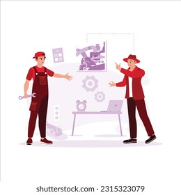 Automotive mechanic with a tool in hand, explaining car problems to the owner in an office, complete with desk and computer. Trend modern vector flat illustration.