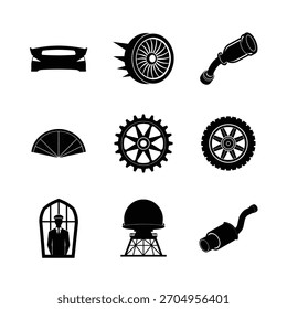 Automotivo Mecânico Icon Set Motor, Engrenagem, Roda, Exhaust Radar Symbols