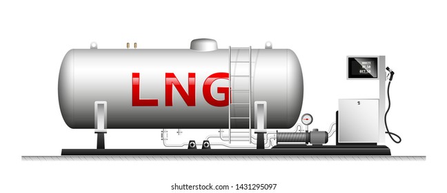 Automotive modular filling with liquefied gas. Large cylindrical cylinder with natural gas. Column with a hose for refueling cars