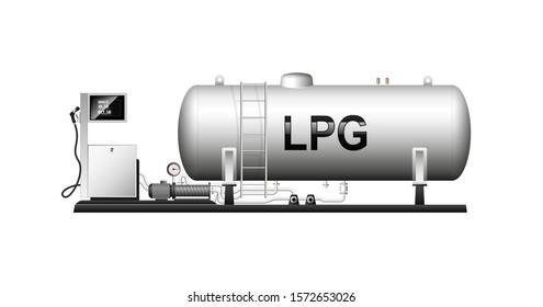 Automotive Modular Filling With Liquefied Gas. Large Cylindrical Cylinder With Natural Gas. Column With A Hose For Refueling Cars