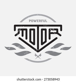 Automotive, motorcycle badge with fire and bolts. Vector monochrome Logo, Sign or label. Original lettering.