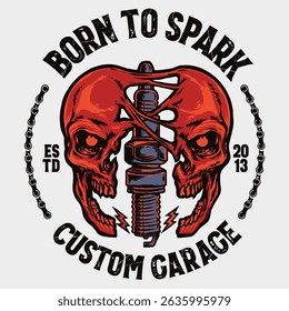Automotive Motorcycle Badge Skull Spark Plug Illustration for Logo, T shirt Design Sticker and Others