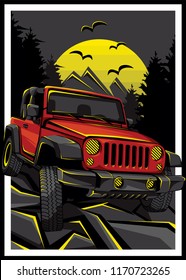 Automotive OFF-Road car on mountain forest roads illustration for logo, sticker, t shirt clothes, icon, badge, poster