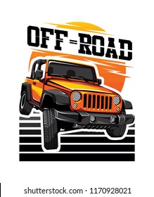 Automotive OFF-Road car with sunset illustration for logo, sticker, t shirt clothes, icon, badge, poster