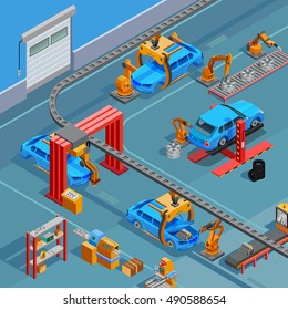 Automotive Overhead Chain Monorail Conveyor Vehicles Assembly Line System With Control Over Production Process Isometric Poster Vector Illustration 