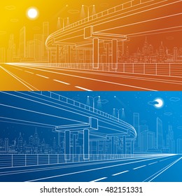 Automotive overpass, architectural and infrastructure illustration, transport flyover and highway, white lines, urban scene. City on background, dynamic illustration, day and night, vector design art