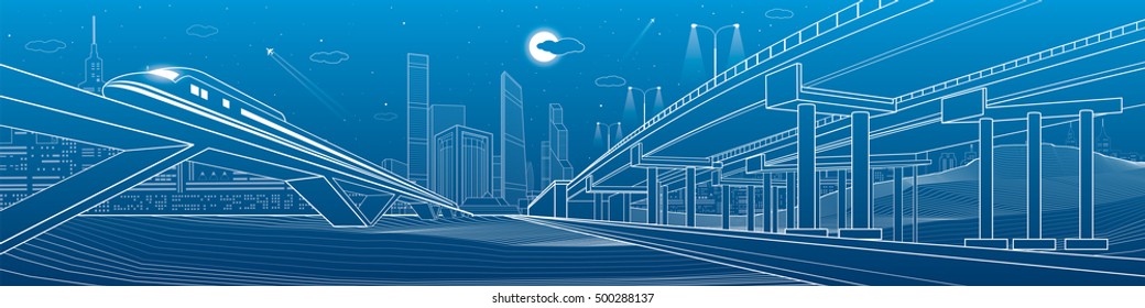 Automotive overpass, infrastructure and transportation illustration, transport flyover, highway, white lines urban scene, train move on the bridge, night city on background, vector design art