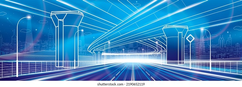 Automotive Overpass, Night Highway. Neon Glow City. Urban Scene. White Outlines On Blue Background. City Infrastructure Illustration. Vector Design Art