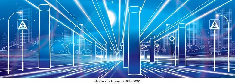 Automotive Overpass, Night Highway. Neon Glow City. Urban Scene. White Outlines On Blue Background. City Infrastructure Illustration. Vector Design Art