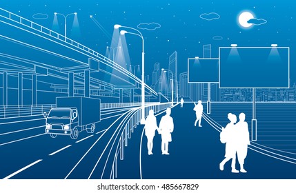 Automotive overpass, truck move highway, architectural, infrastructure and transportation,, people walking, billboards on the street, white lines, urban scene, night city, vector design art