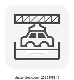 Ícone de vetor de tinta automotivo. Pode ser chamado de revestimento Dip, revestimento Ecoat ou ED consiste em carroçaria, tanque de imersão e líquido químico. Processo de fabricação na loja, fábrica. Tecnologia de proteção 48x48 pixels.