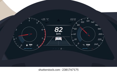 Automotive panels with sensors in the car interior. Measurement of car speed and engine revolutions. Vector illustration