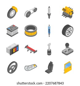 Automotive parts isometric icons set. Car spare parts. Repair. Objects collection. Vector illustration