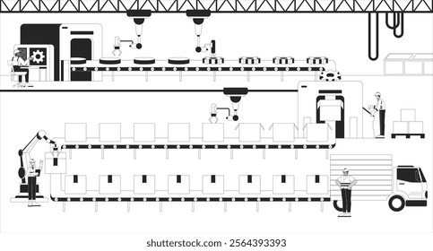 Automotive parts manufacturer black and white line illustration. Human workers monitoring industrial robots 2D characters monochrome background. Robotics factory production lines outline vector image